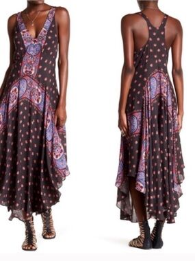 Free People Intimately Faithfully Yours Black Paisley-Panel High-Low Maxi Dress